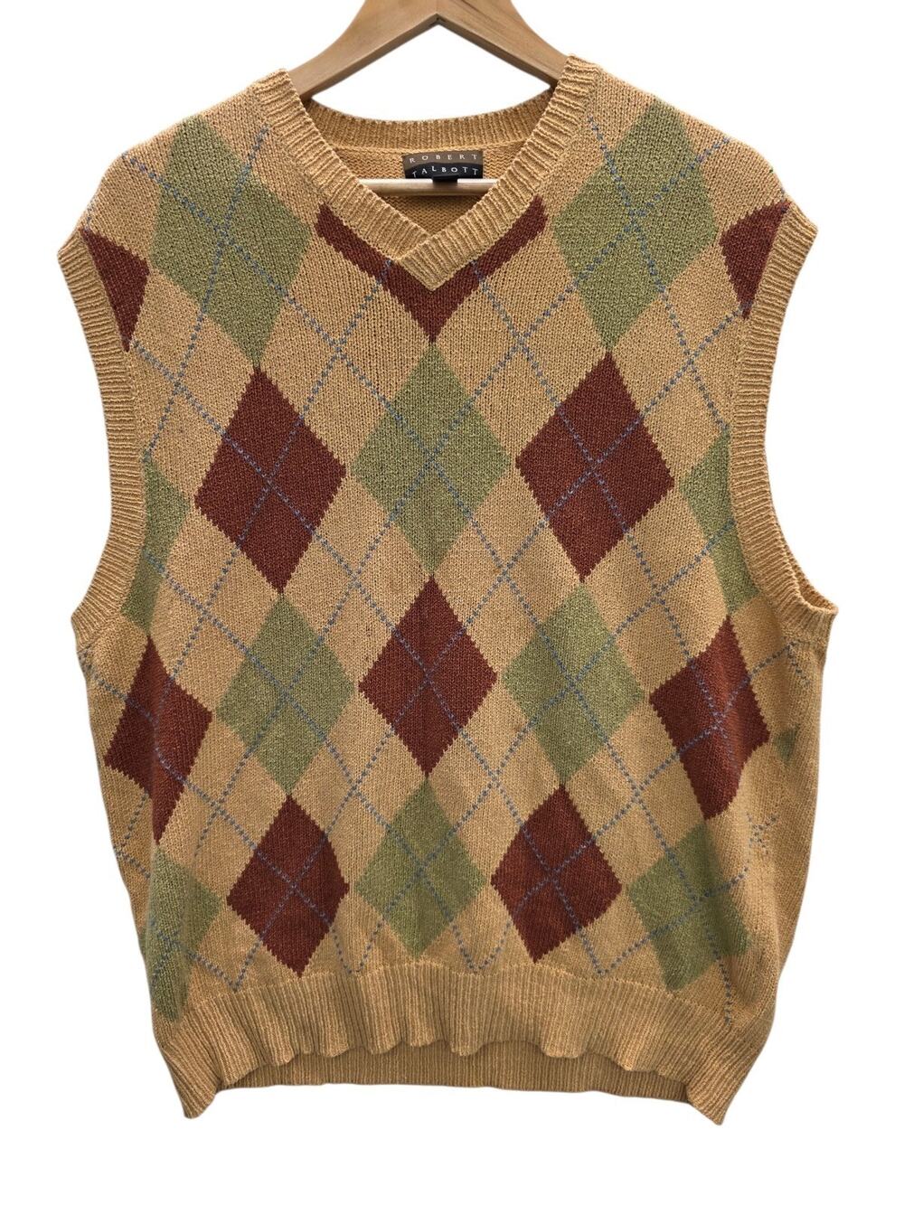 Robert Talbott Large Vintage Argyle V-Neck Sweater Vest Beige Green Size Large